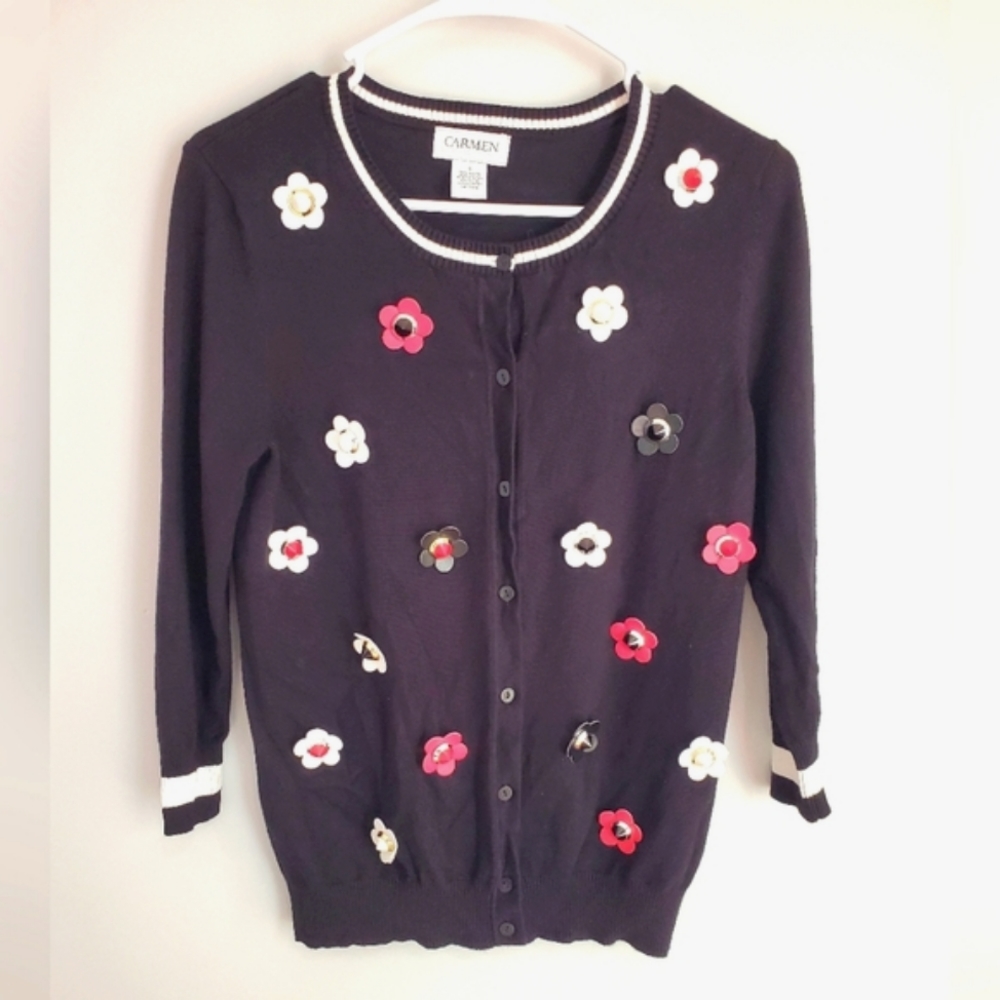 Carmen Marc Valvo Women's Casual Floral Daisy Cardigan Black Size Small